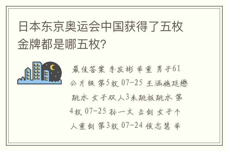 日本东京奥运会中国获得了五枚金牌都是哪五枚?
