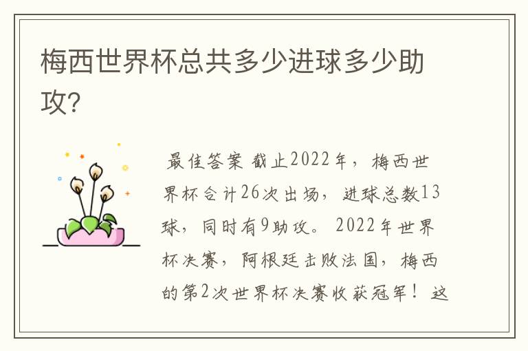 梅西世界杯总共多少进球多少助攻?