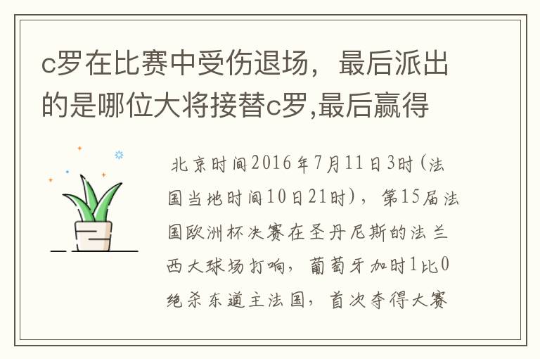 c罗在比赛中受伤退场,最后派出的是哪位大将接替c罗,最后赢得冠军?