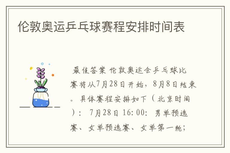 伦敦奥运乒乓球赛程安排时间表