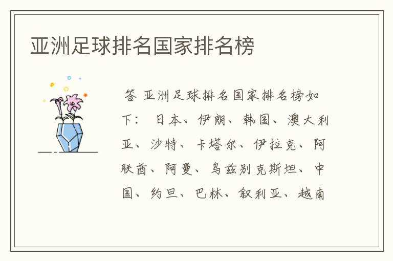 亚洲足球排名国家排名榜