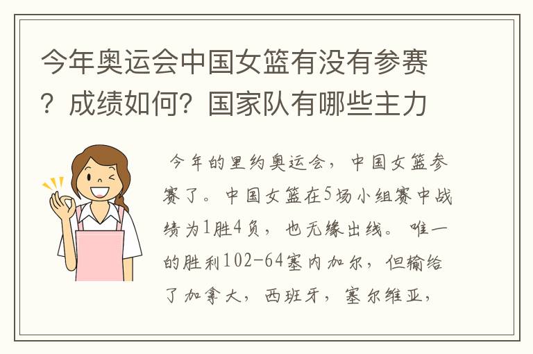 今年奥运会中国女篮有没有参赛？成绩如何？国家队有哪些主力队员？