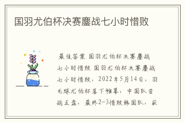 国羽尤伯杯决赛鏖战七小时惜败