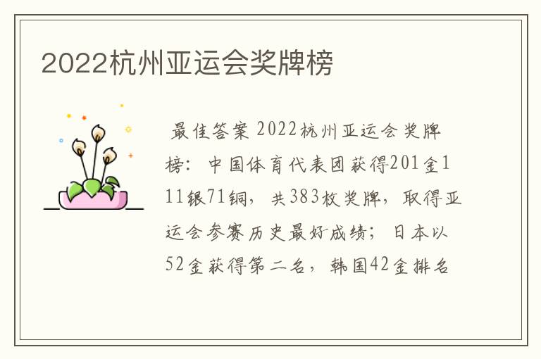 2022杭州亚运会奖牌榜