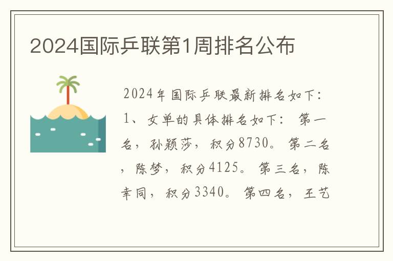 2024国际乒联第1周排名公布