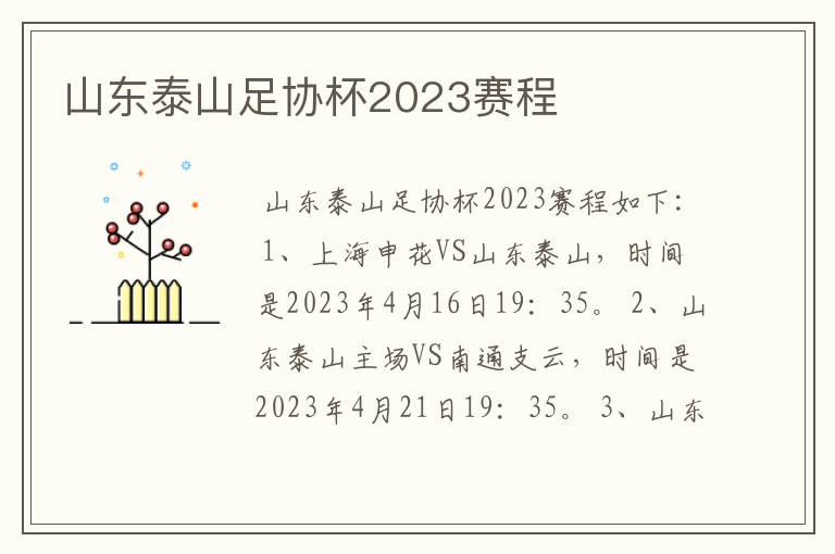 山东泰山足协杯2023赛程