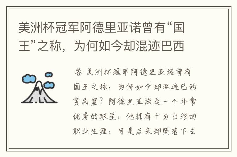美洲杯冠军阿德里亚诺曾有“国王”之称,为何如今却混迹巴西贫民窟?