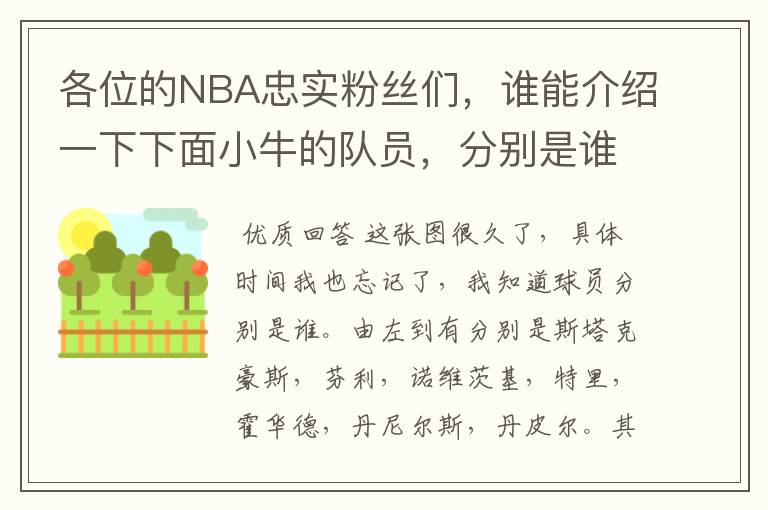 各位的NBA忠实粉丝们,谁能介绍一下下面小牛的队员,分别是谁,整个球队就这么几个人吗?是不是有新成员了