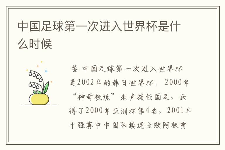 中国足球第一次进入世界杯是什么时候