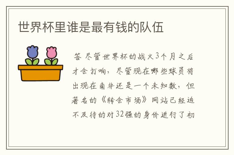 世界杯里谁是最有钱的队伍