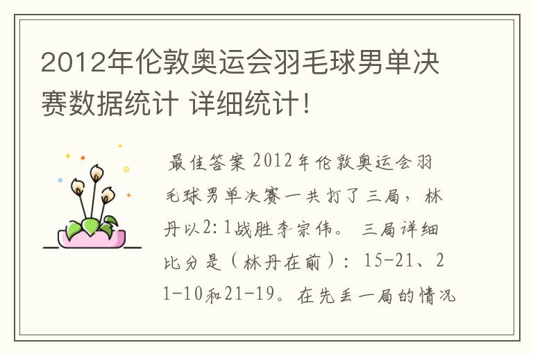 2012年伦敦奥运会羽毛球男单决赛数据统计 详细统计！