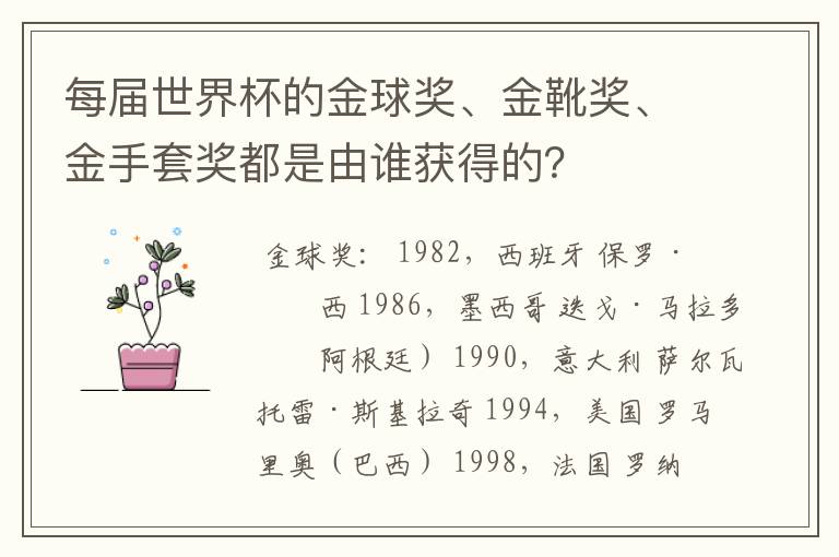 每届世界杯的金球奖、金靴奖、金手套奖都是由谁获得的?
