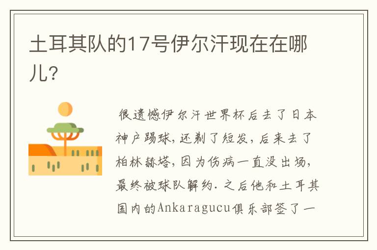 土耳其队的17号伊尔汗现在在哪儿?