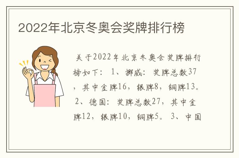 2022年北京冬奥会奖牌排行榜