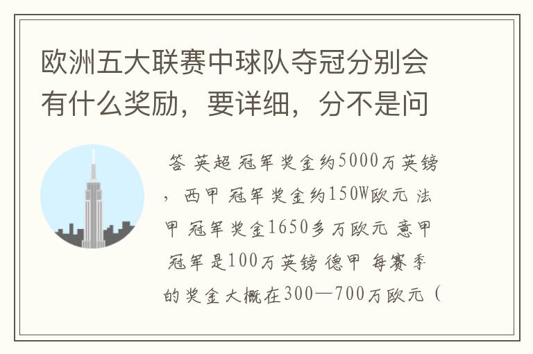 欧洲五大联赛中球队夺冠分别会有什么奖励,要详细,分不是问题
