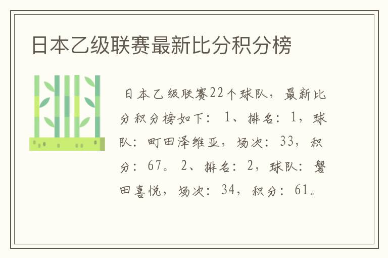 日本乙级联赛最新比分积分榜