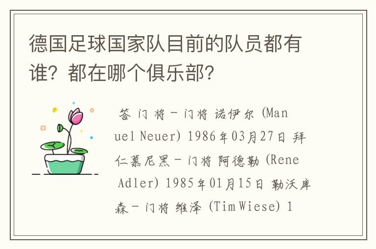 德国足球国家队目前的队员都有谁?都在哪个俱乐部?