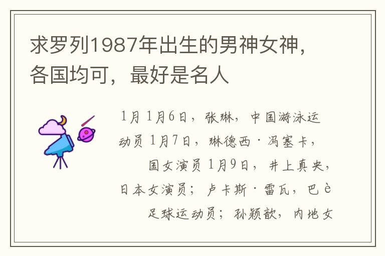 求罗列1987年出生的男神女神,各国均可,最好是名人