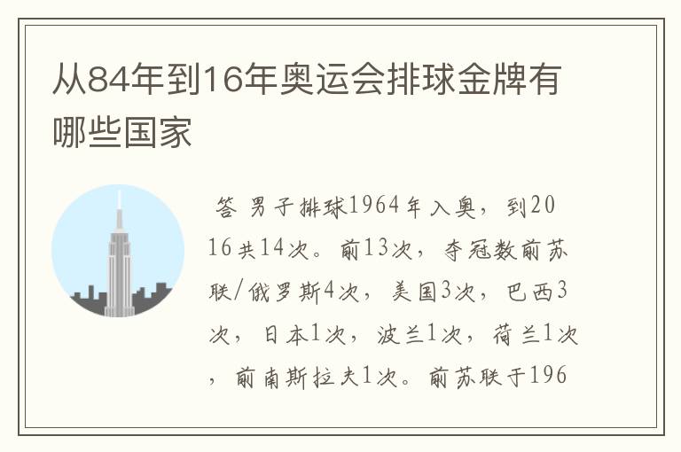 从84年到16年奥运会排球金牌有哪些国家