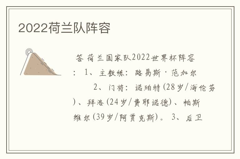 2022荷兰队阵容