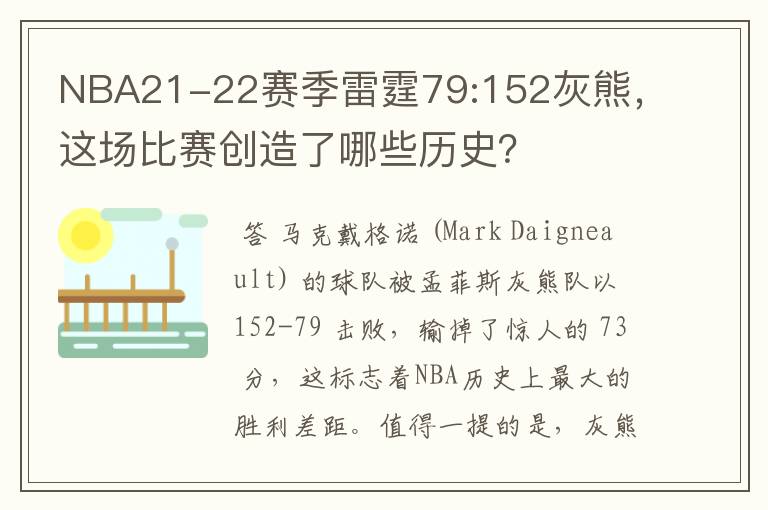 NBA21-22赛季雷霆79:152灰熊,这场比赛创造了哪些历史?