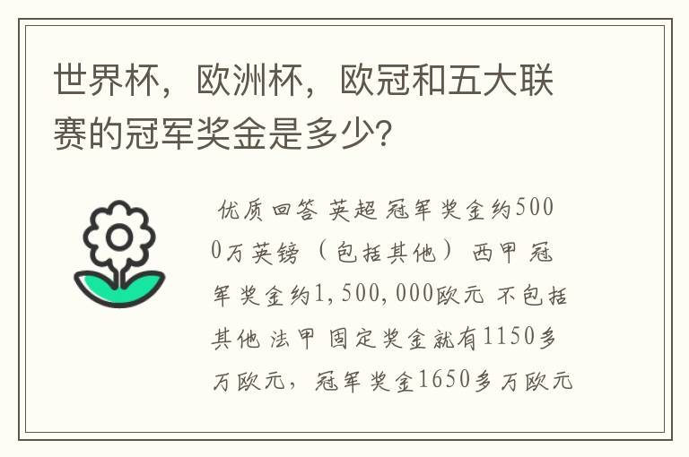 世界杯,欧洲杯,欧冠和五大联赛的冠军奖金是多少?