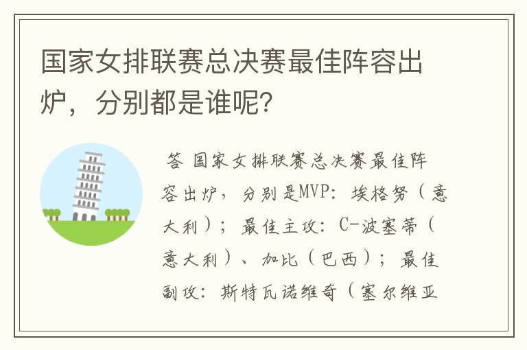 国家女排联赛总决赛最佳阵容出炉，分别都是谁呢？