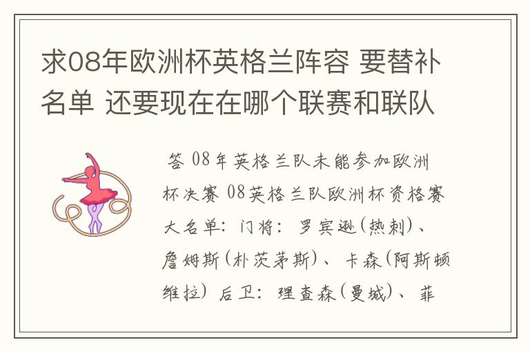 求08年欧洲杯英格兰阵容 要替补名单 还要现在在哪个联赛和联队