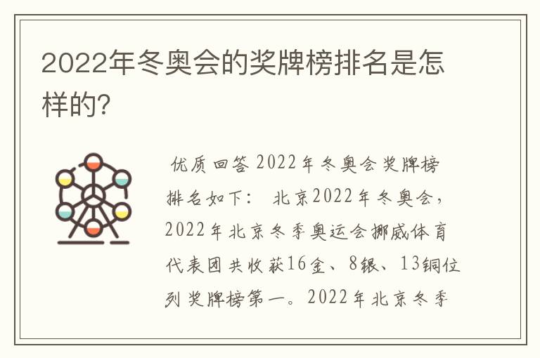 2022年冬奥会的奖牌榜排名是怎样的?
