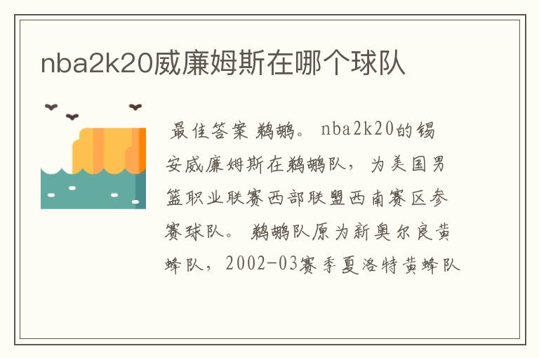 nba2k20威廉姆斯在哪个球队