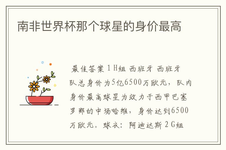 南非世界杯那个球星的身价最高