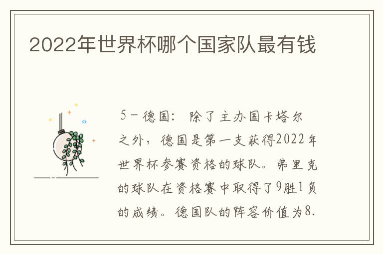 2022年世界杯哪个国家队最有钱