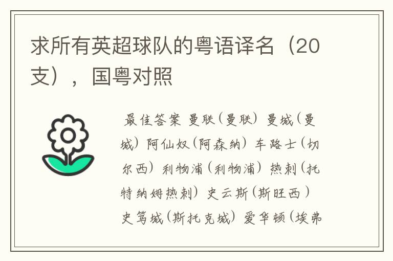 求所有英超球队的粤语译名(20支),国粤对照