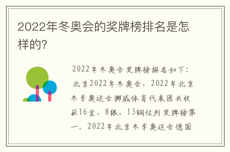2022年冬奥会的奖牌榜排名是怎样的?