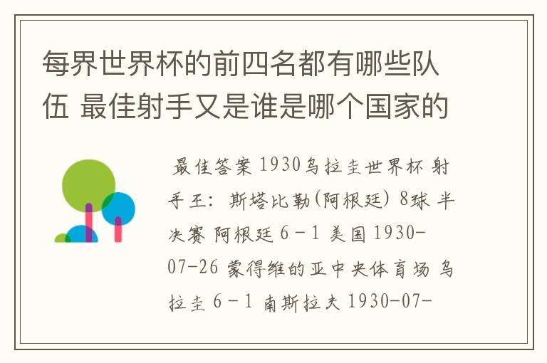 每界世界杯的前四名都有哪些队伍 最佳射手又是谁是哪个国家的?