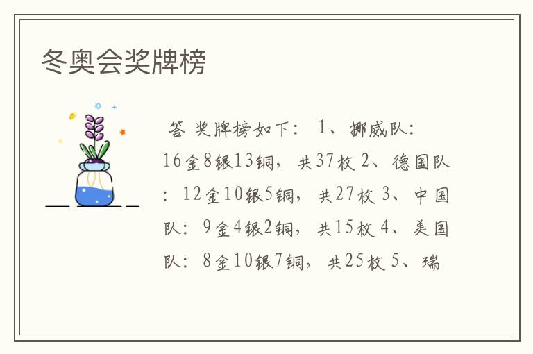 冬奥会奖牌榜