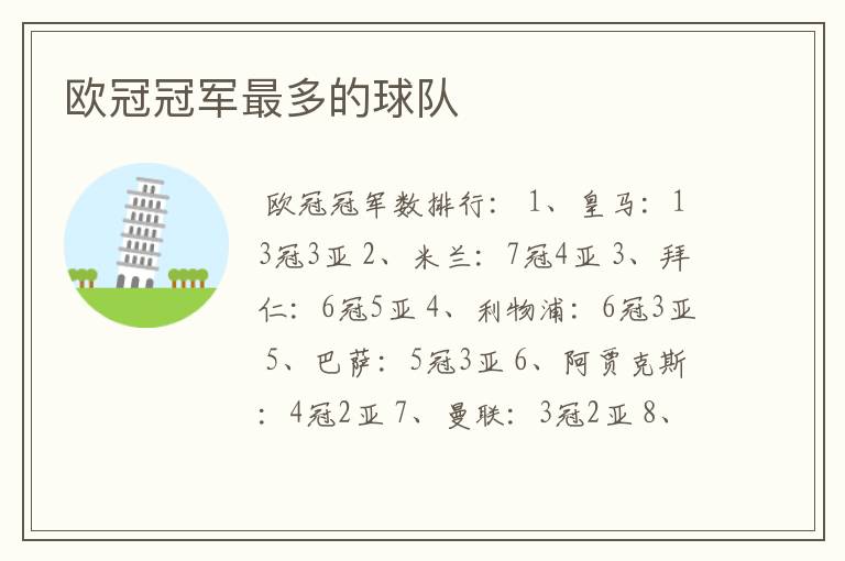 欧冠冠军最多的球队