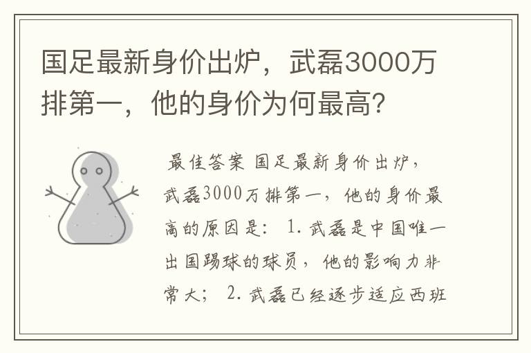 国足最新身价出炉,武磊3000万排第一,他的身价为何最高?