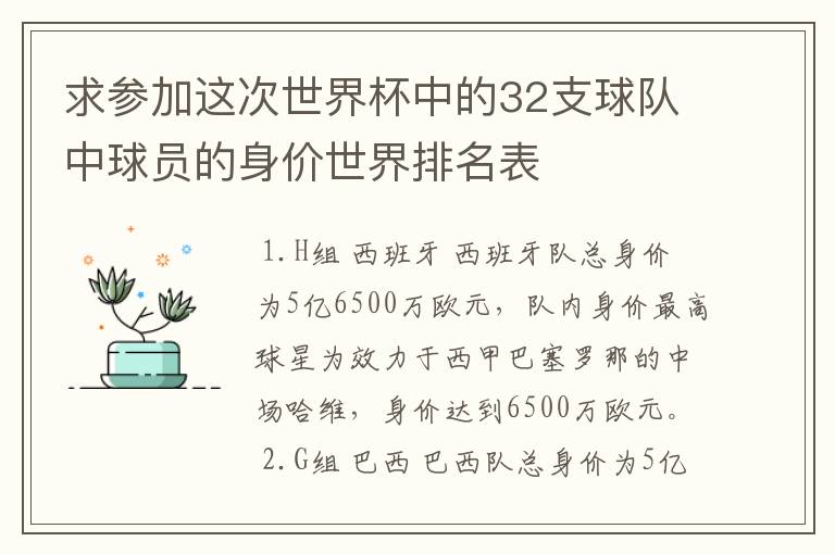 求参加这次世界杯中的32支球队中球员的身价世界排名表