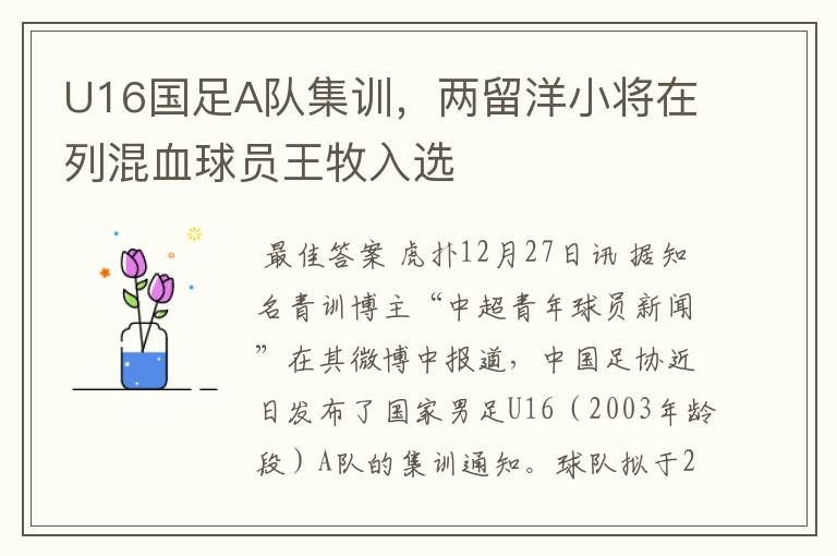 U16国足A队集训,两留洋小将在列混血球员王牧入选