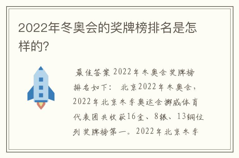 2022年冬奥会的奖牌榜排名是怎样的?