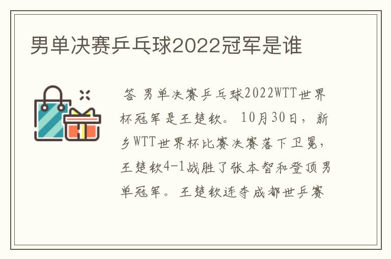 男单决赛乒乓球2022冠军是谁