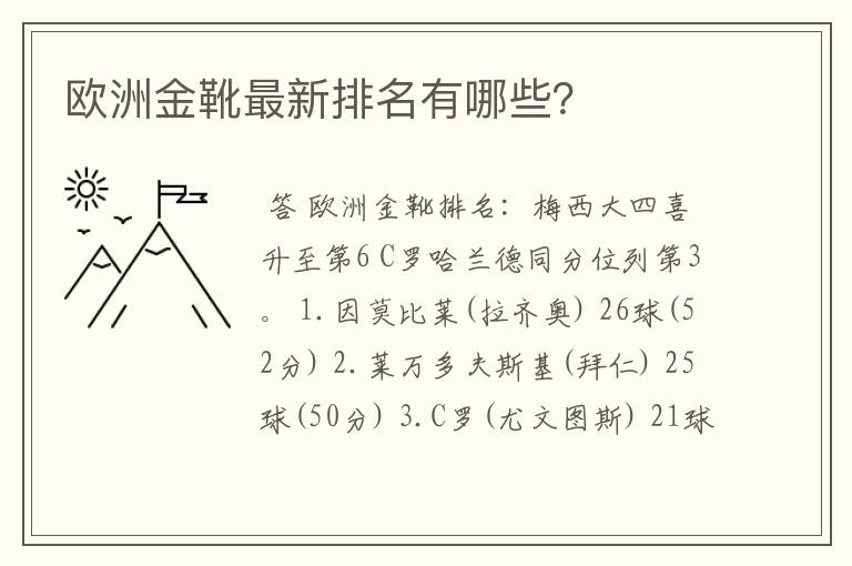 欧洲金靴最新排名有哪些?