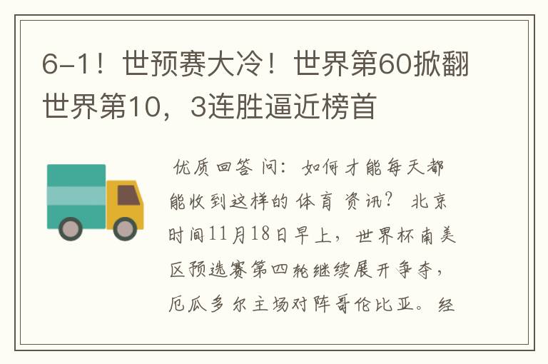 6-1!世预赛大冷!世界第60掀翻世界第10,3连胜逼近榜首