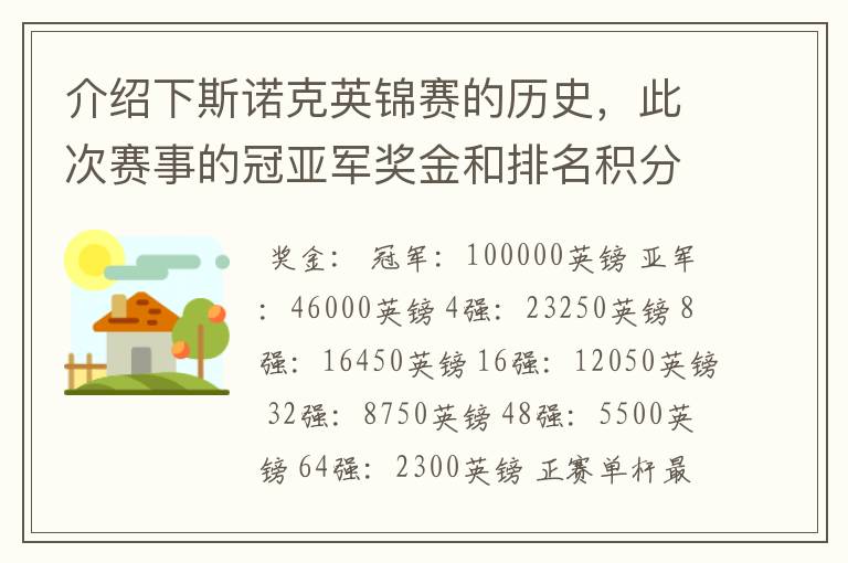 介绍下斯诺克英锦赛的历史,此次赛事的冠亚军奖金和排名积分各是多少?