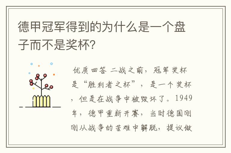 德甲冠军得到的为什么是一个盘子而不是奖杯?
