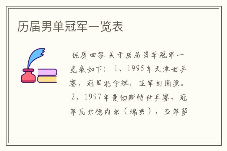 历届男单冠军一览表