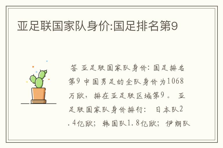 亚足联国家队身价:国足排名第9