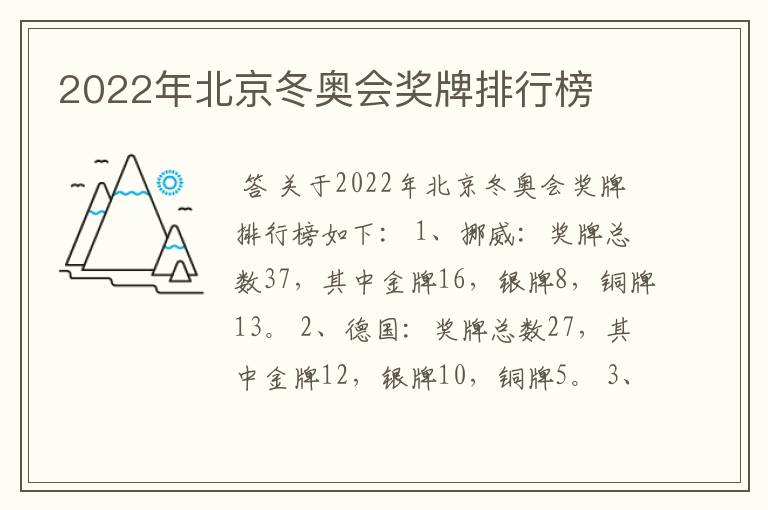 2022年北京冬奥会奖牌排行榜