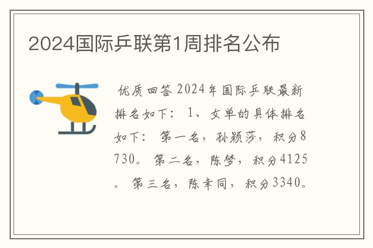 2024国际乒联第1周排名公布